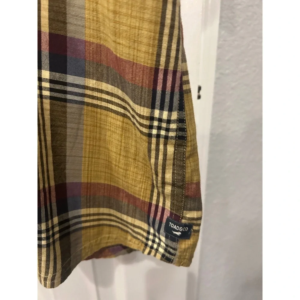 Toad&Co Button‎ Down Shirt Mustard Yellow Plaid Organic Cotton Short Sleeve L